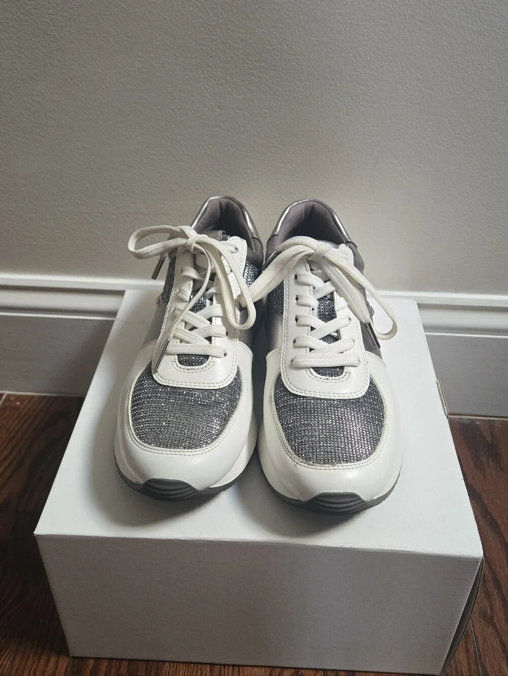 Michael Kors Silver & White Glitter Lace-Up Trainer
